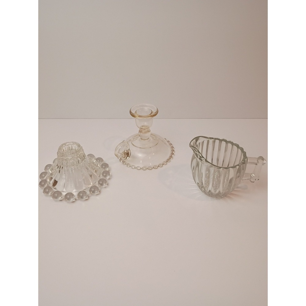 Beaded Glass Boopie Clear Candle Holder, Beaded Candlewick‎ and Beaded Creamer